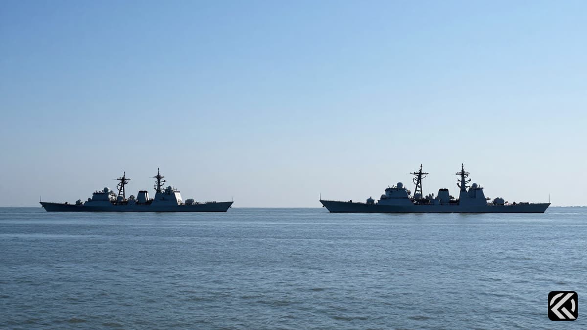 Naval destroyers transiting through the Strait of Hormuz under clear daylight conditions.