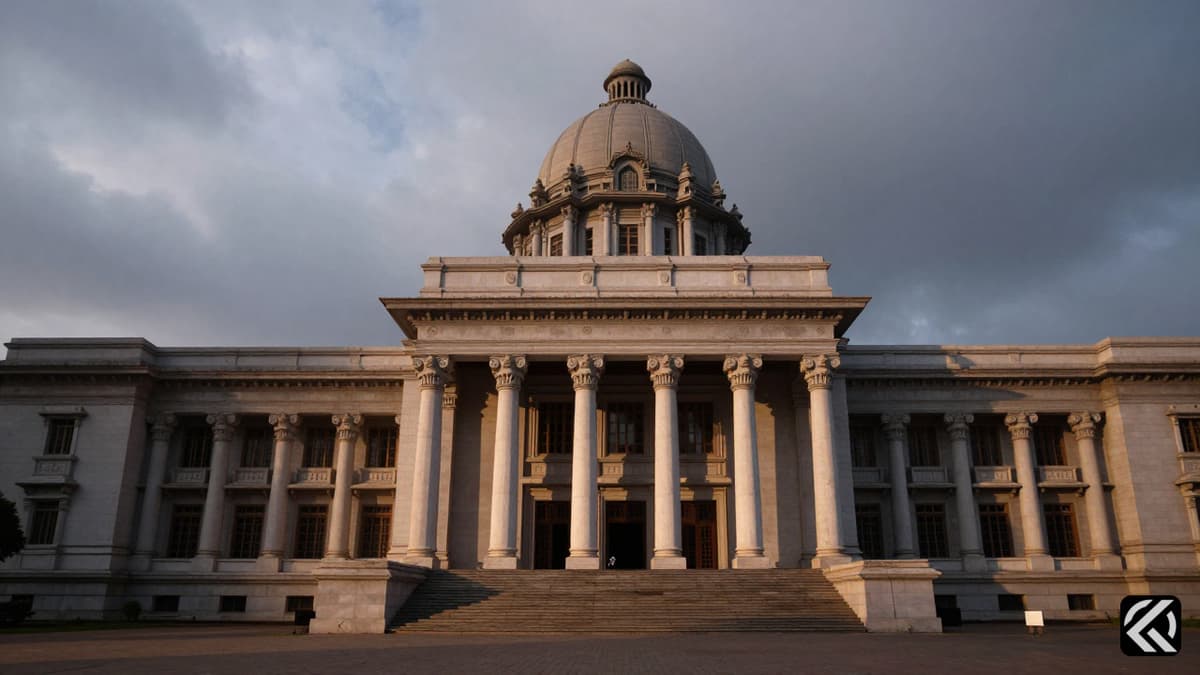 Tamil Nadu Legislative Assembly building under dramatic twilight sky