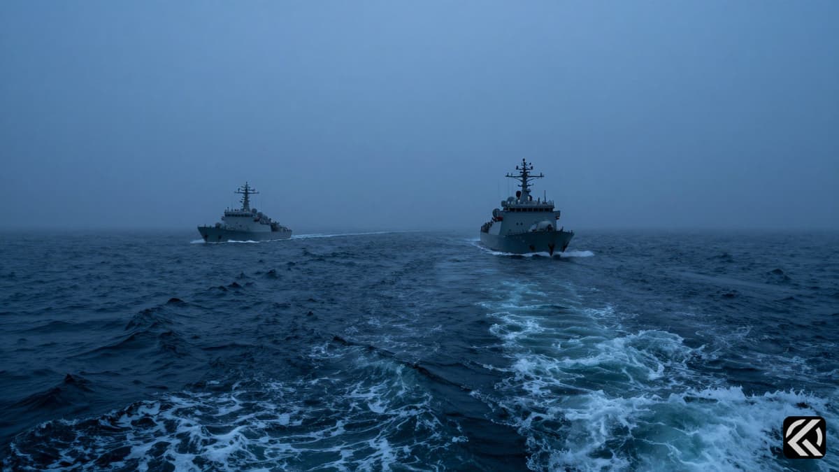 Silhouettes of military vessels in foggy Strait of Hormuz waters symbolizing geopolitical tension.