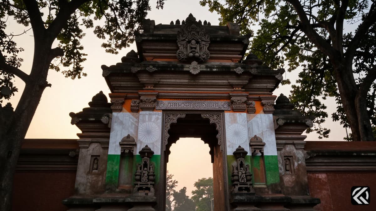 Symbolic image of political change in West Bengal with temple architecture and party colors in abstract design