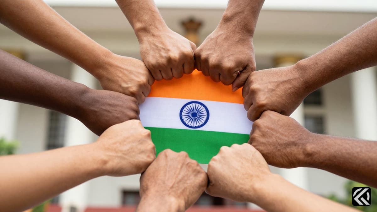 Diverse hands joining together around Indian and Tamil Nadu flags symbolizing political coalition.