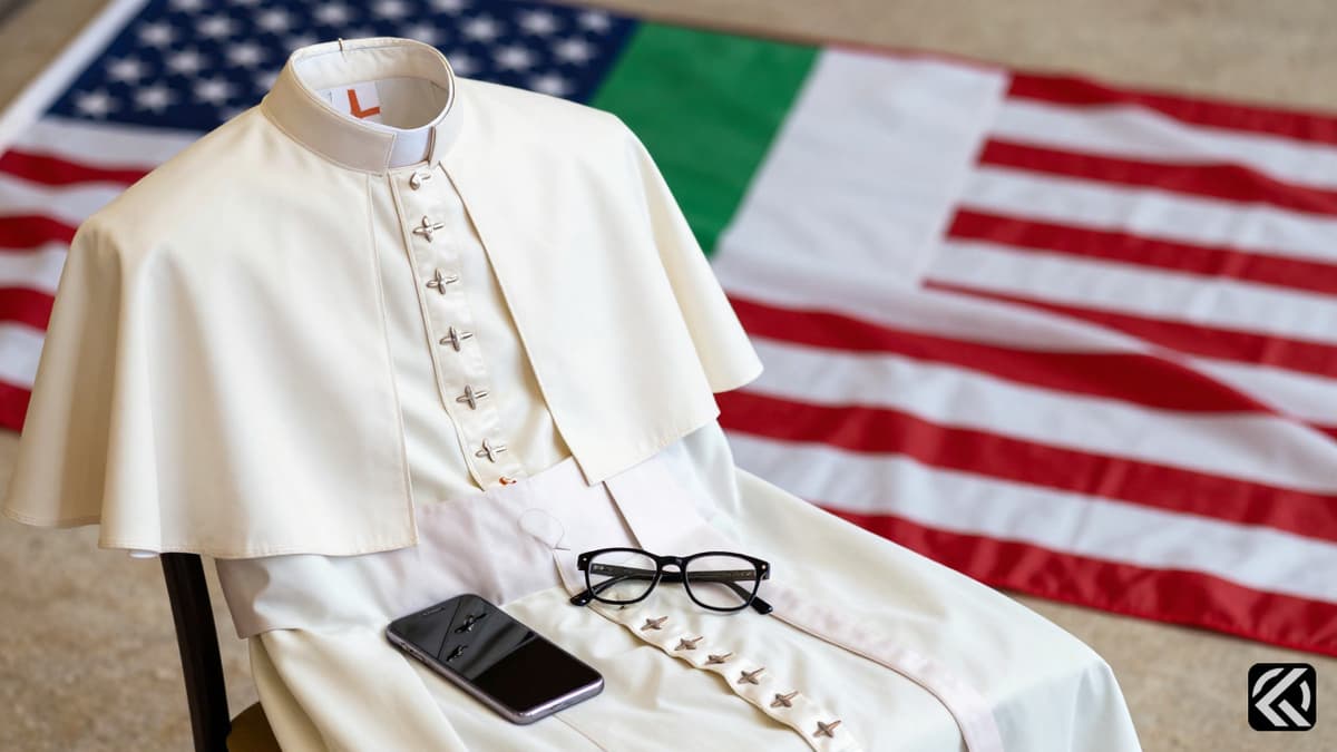 Papal vestments with US and Italian flags symbolizing the intersection of the Vatican and American culture
