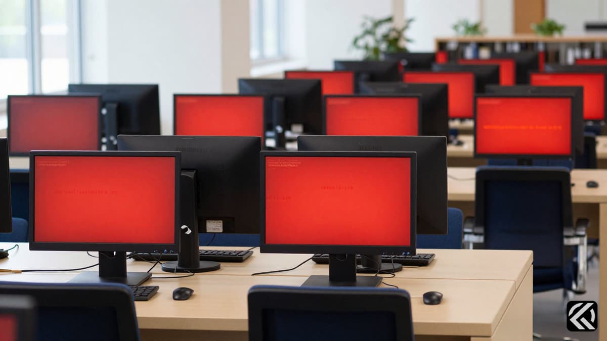 Empty university library with red error screens symbolizing a digital service outage