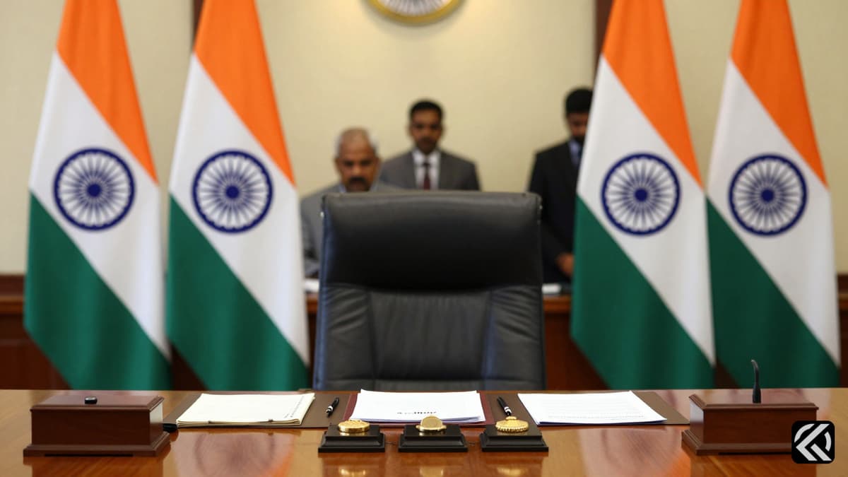 Official government desk with Indian and BJP flags symbolizing political transition in West Bengal