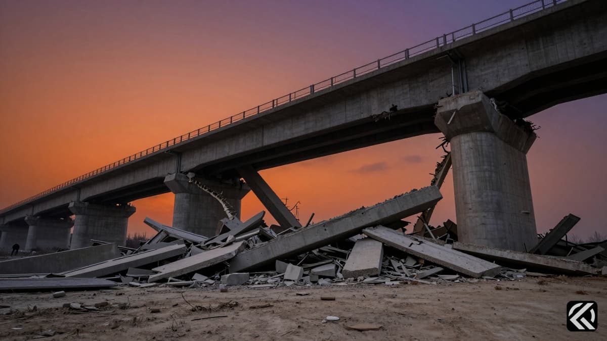 Shattered concrete and twisted steel beams of a destroyed bridge rising from dry, dusty earth against a twilight sky.