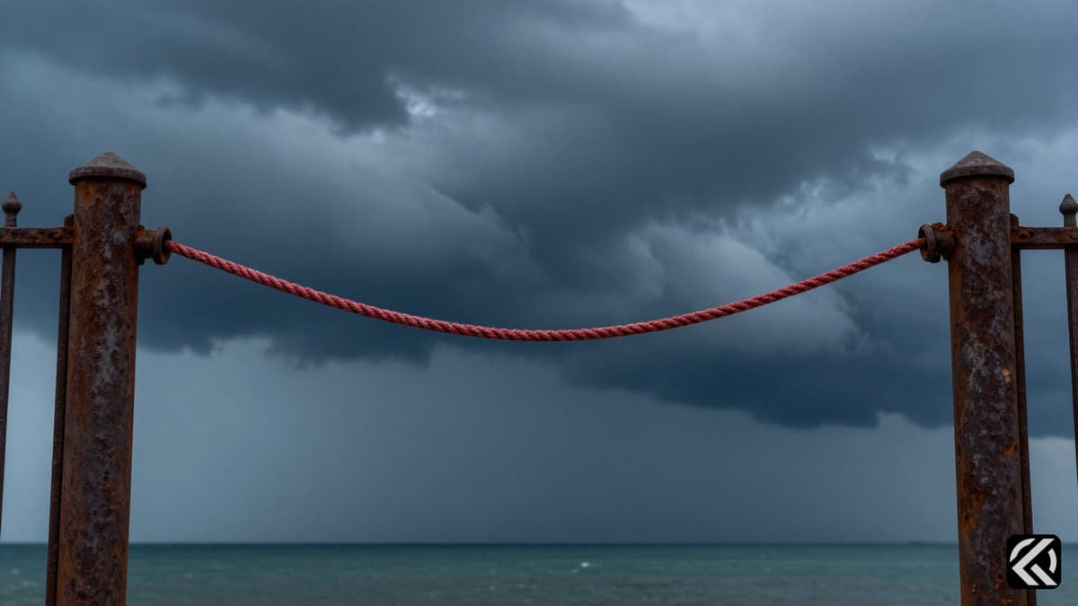 Stormy skies over a rusted gate in the Strait of Hormuz symbolizing fragile peace and geopolitical tension.