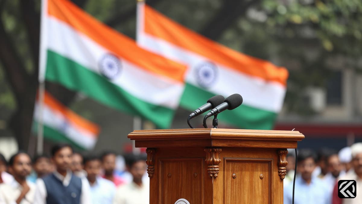 Podium with Indian and BJP flags at Brigade Parade Grounds for political event