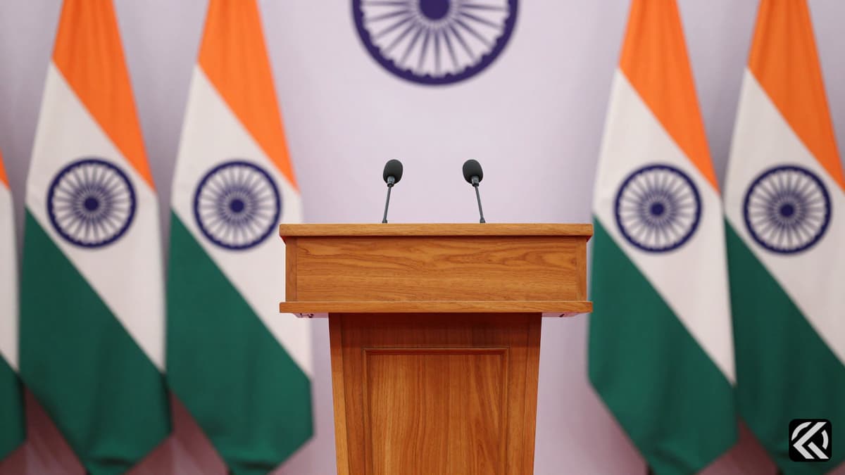 Formal podium with Indian and BJP flags at a swearing-in ceremony.
