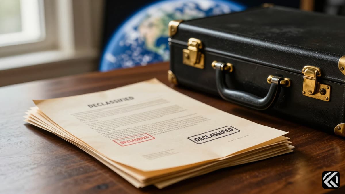 Declassified government files on a desk with space background