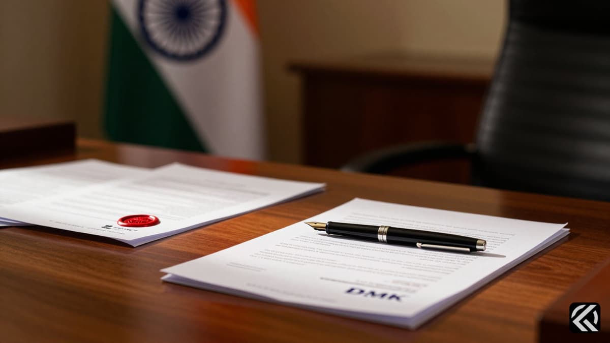 Wooden desk with sealed documents and blurred Indian flag symbolizing political negotiations