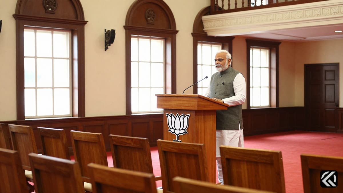 Wooden podium with lotus symbol in a grand hall symbolizing political transition.