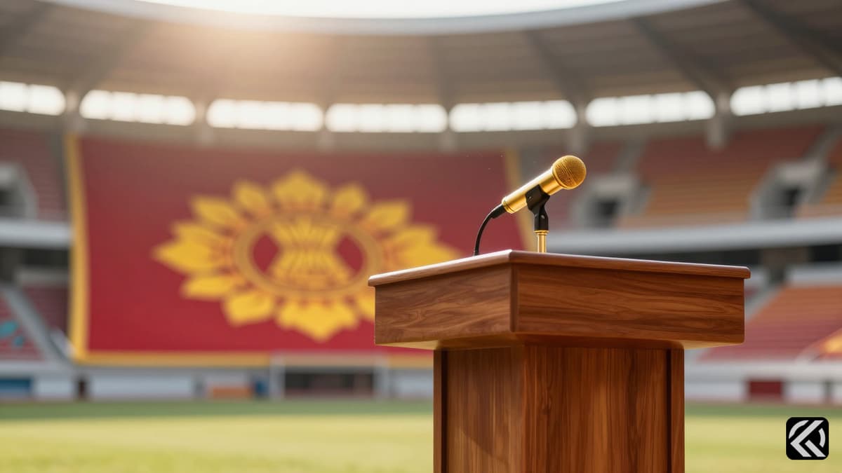 Wooden podium at Nehru Stadium ready for the Tamil Nadu Chief Minister's oath-taking ceremony