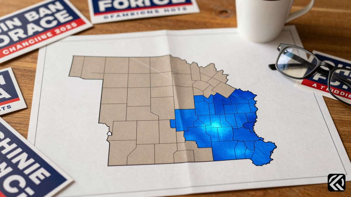 A map of Nebraska highlighting a specific district in blue, surrounded by campaign signs.