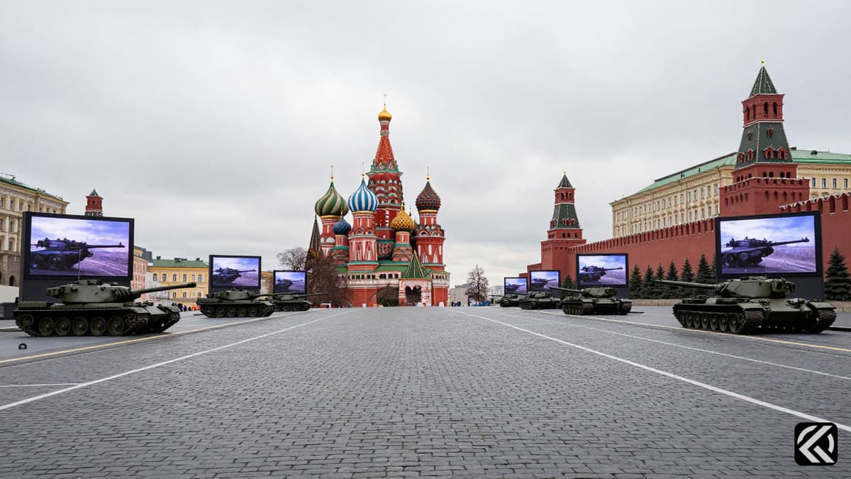 Empty Red Square with digital screens showing weapons, no tanks present