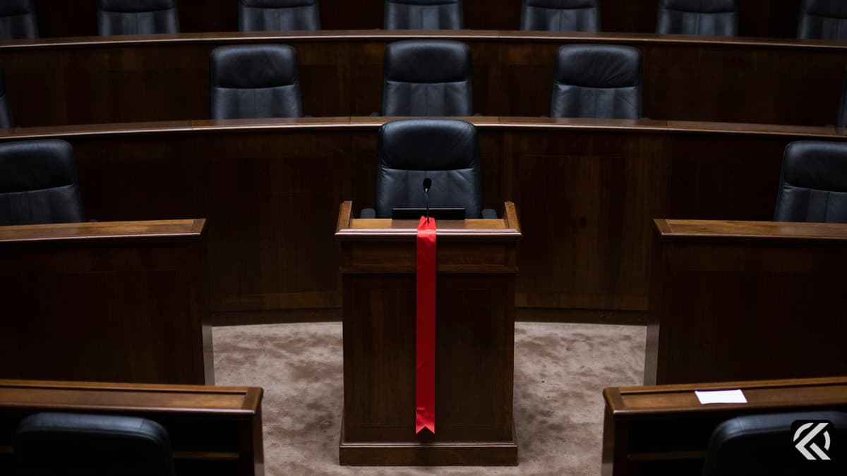 Red ribbon on podium in dark Iranian parliament symbolizing political division.