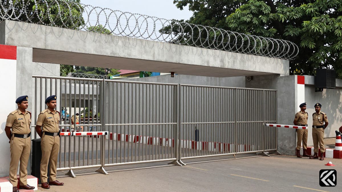 Fortified security checkpoint with barricades and armed guards symbolizing Delhi terror threat alerts