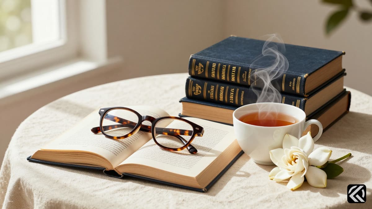 Vintage books, glasses, and tea symbolize literary Mother's Day warmth.