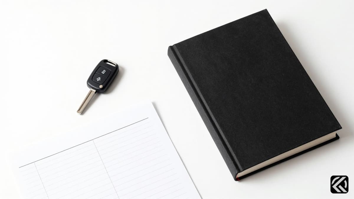 Minimalist flat lay with book, car keys, and spreadsheet symbolizing modern motherhood roles.