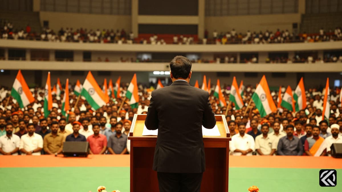 Supporters wave TVK flags at the stadium during the swearing-in ceremony of the new Tamil Nadu Chief Minister.