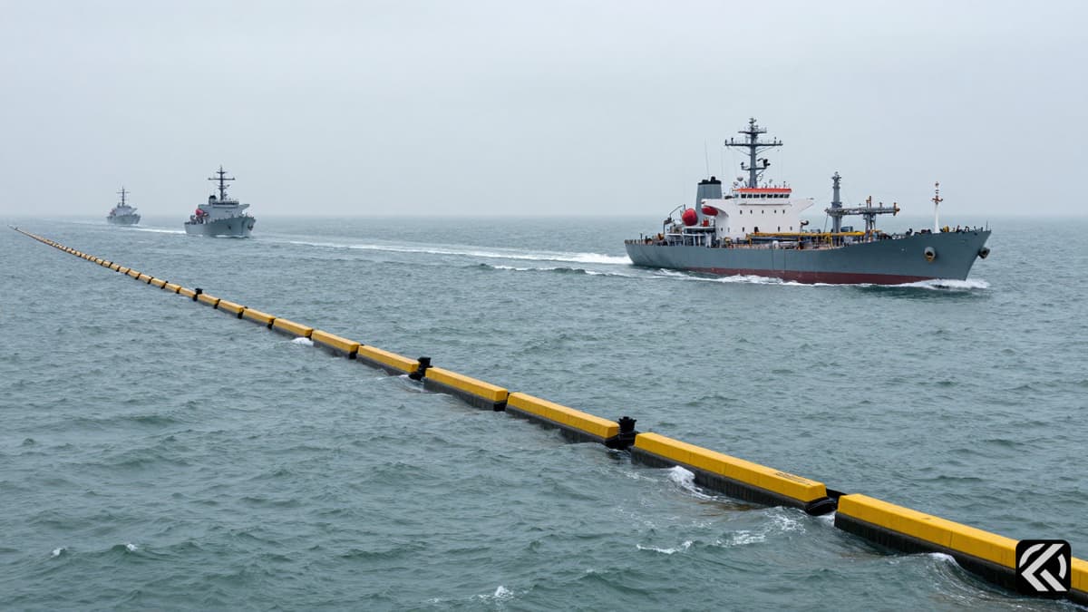 Naval blockade scene with warships and oil tanker in foggy strait