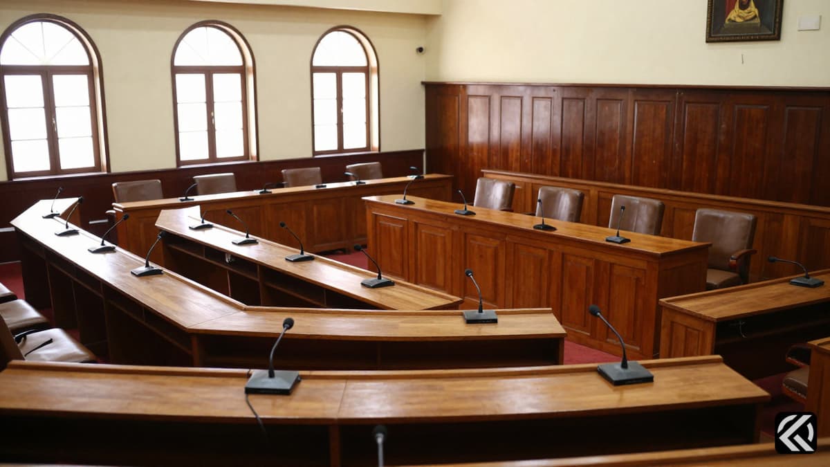 Empty legislative chamber desks symbolizing political transition in Tamil Nadu government formation.