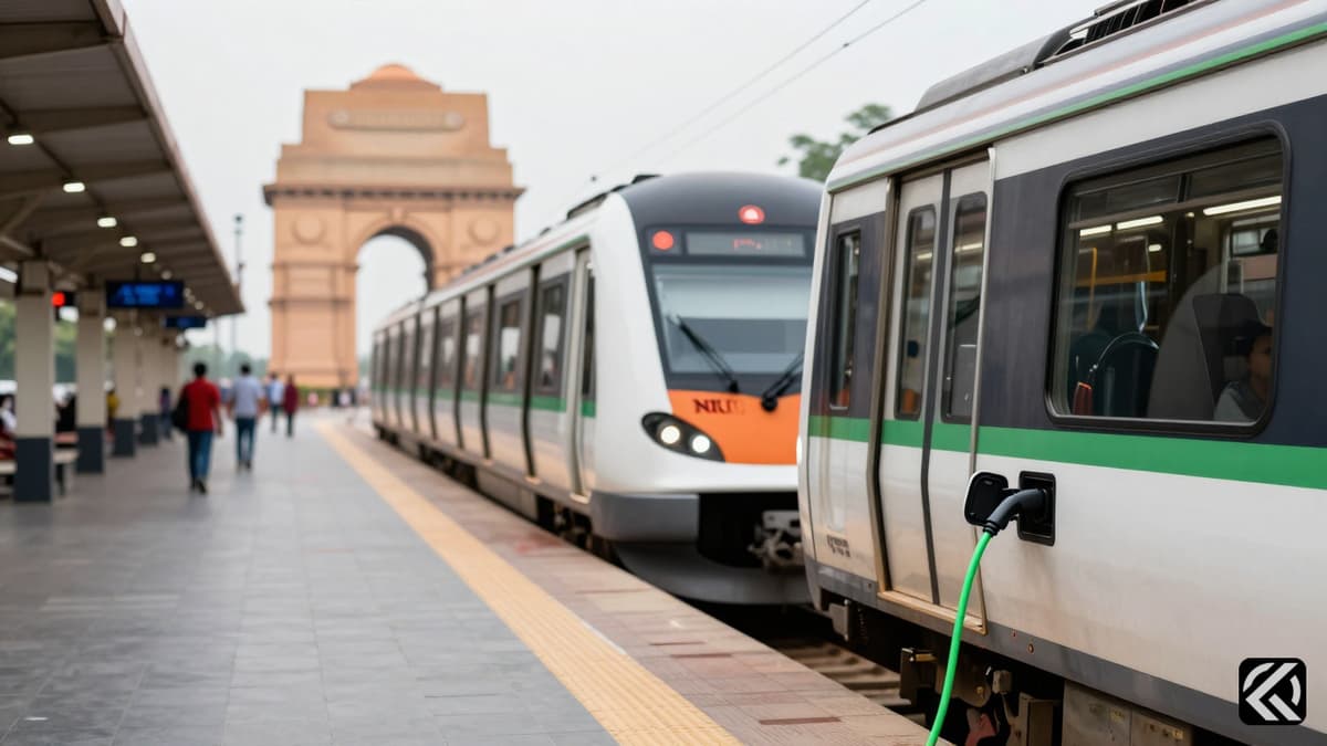 Electric vehicle charging near metro station with India Gate background symbolizing eco-friendly transport