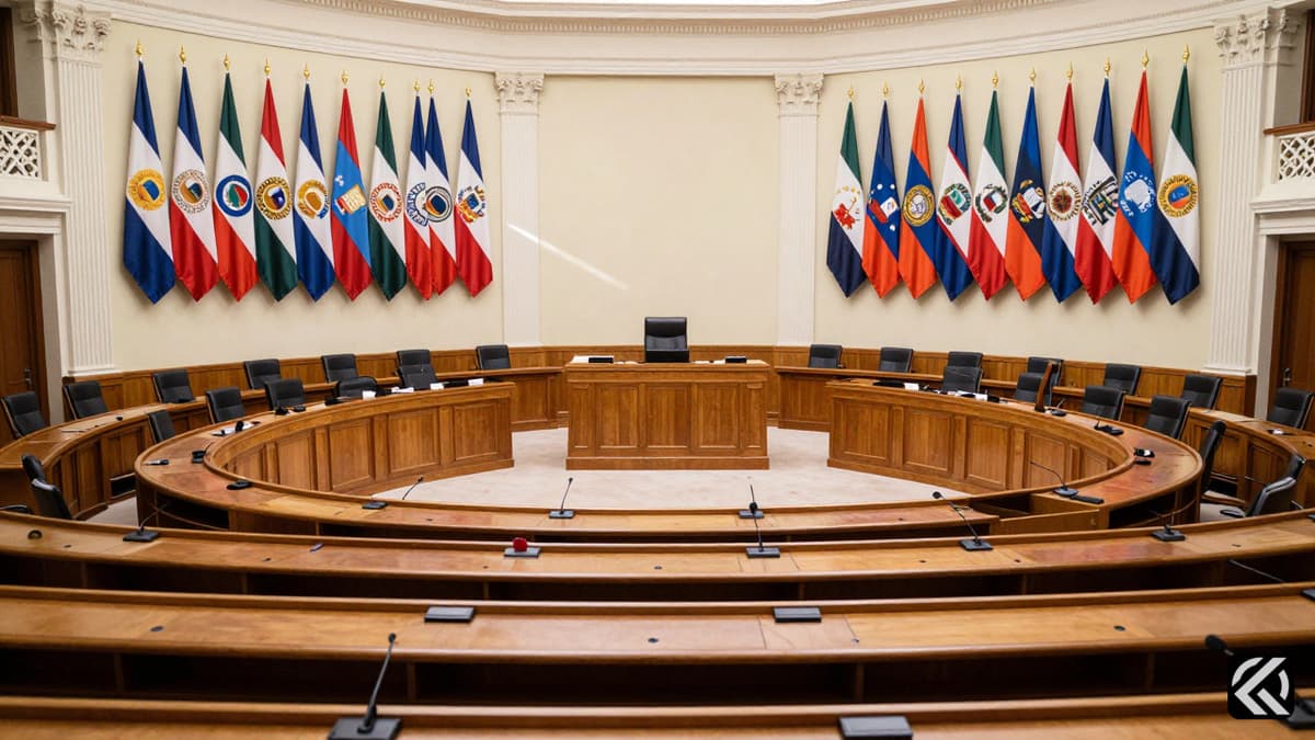 Empty legislative assembly hall with podium and flags symbolizing new government session