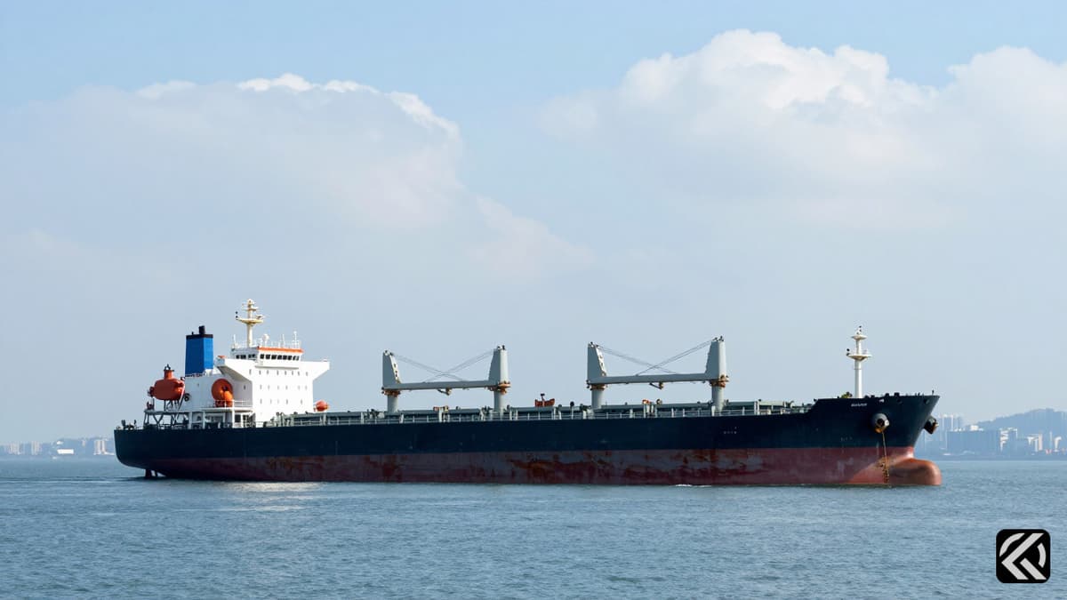 Commercial bulk carrier on calm sea near coast