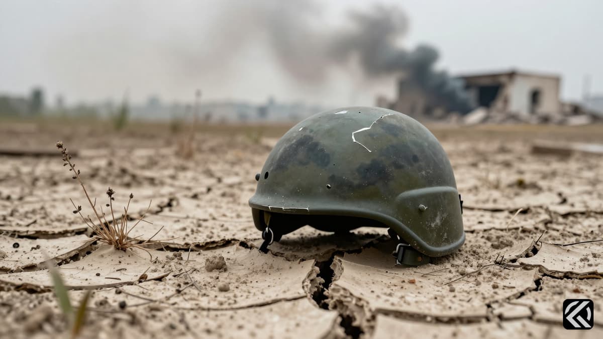 A shattered helmet on cracked earth with distant smoke symbolizing war's end.