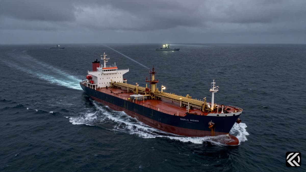 Stormy ocean scene with oil tanker and naval ships highlighting maritime tension.