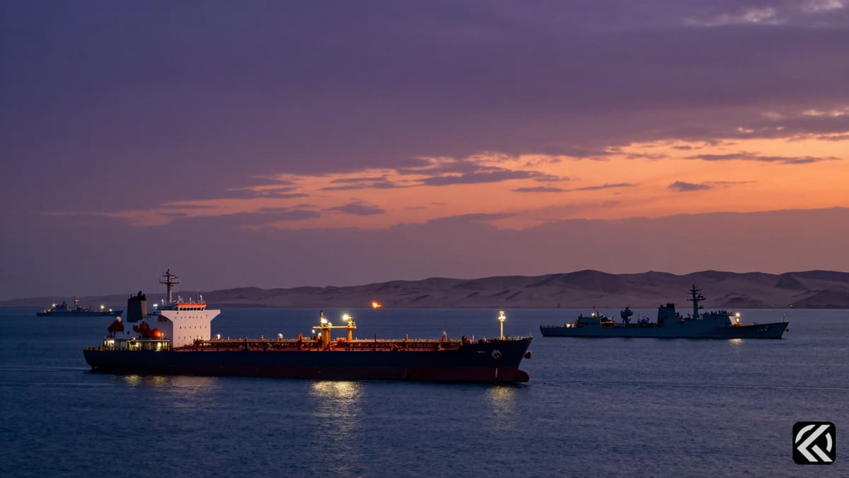 Oil tankers and warships navigate the Strait of Hormuz under a twilight sky with a small fire visible on a distant vessel deck.
