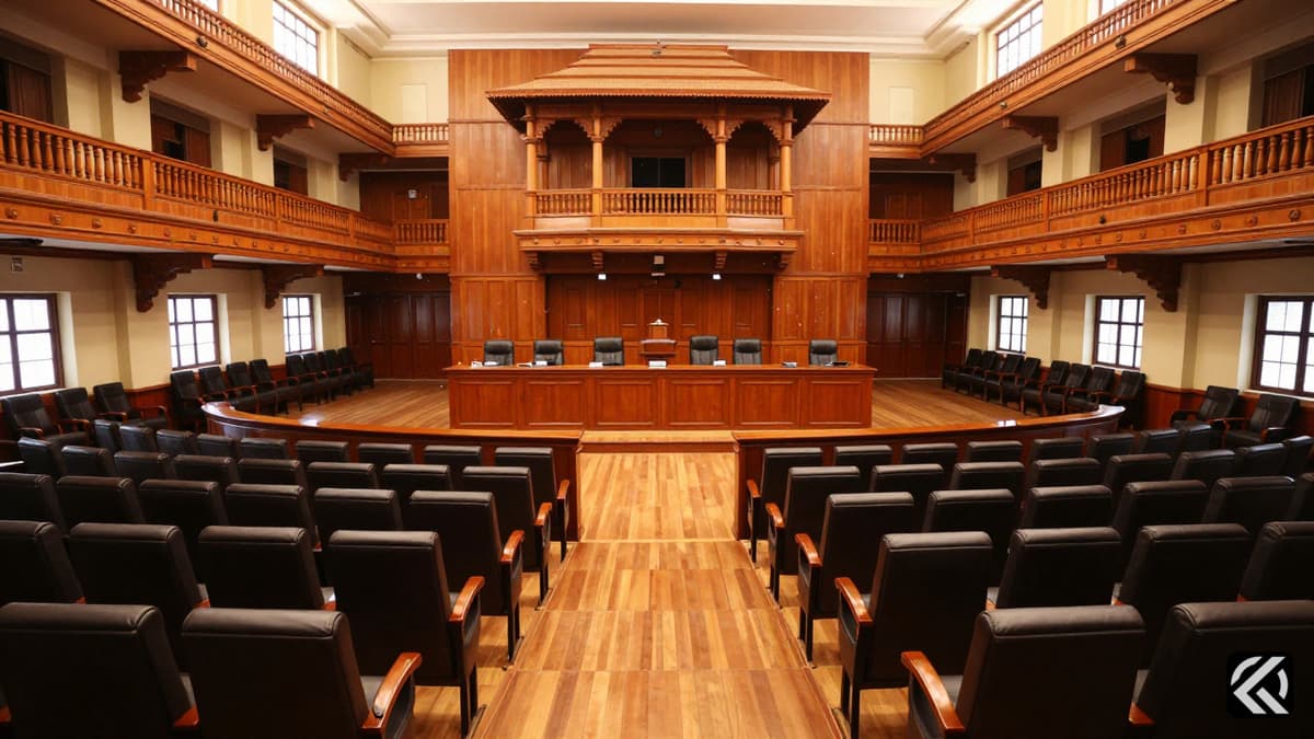Empty chamber of the Tamil Nadu Legislative Assembly hall with wooden podium and rows of chairs