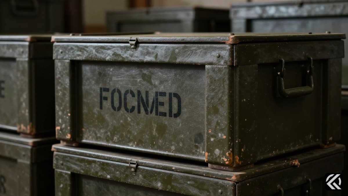 Stacked military ammunition crates in a dimly lit secure storage facility.