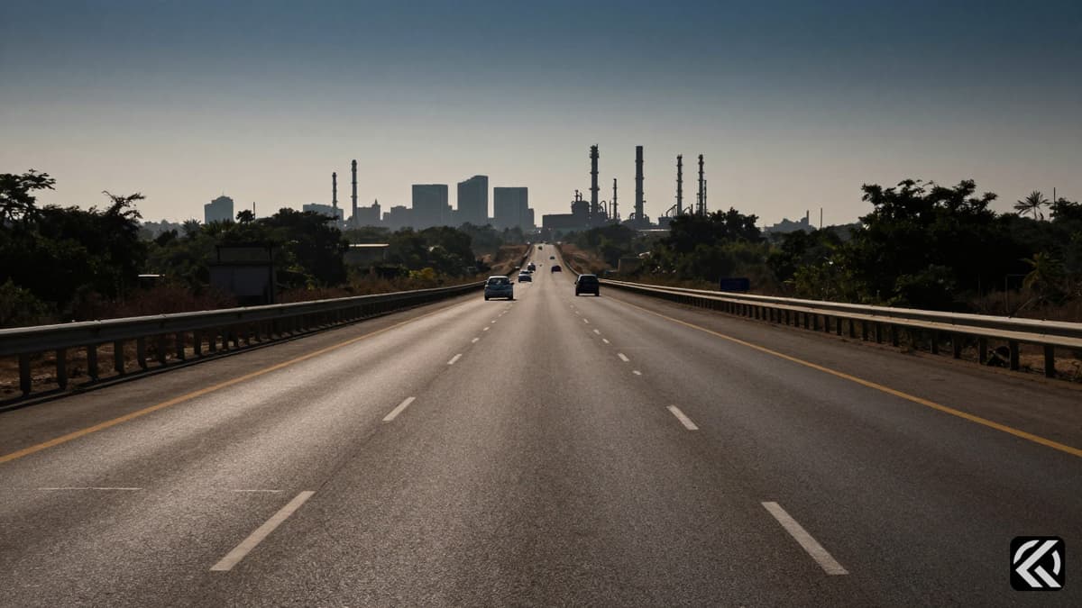 Empty highway leading to refinery silhouettes symbolizing economic pause.