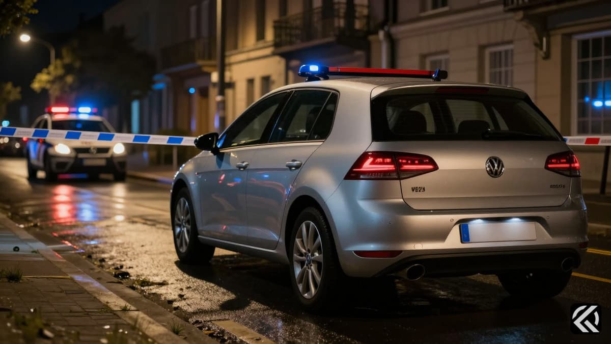 Silver car cordoned by police tape at a nighttime crime scene