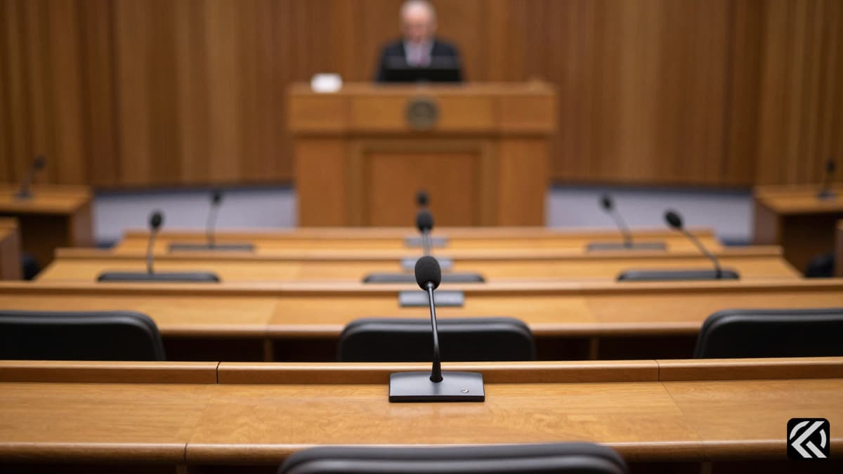 Empty wooden desks in a legislative assembly chamber symbolizing political debate.