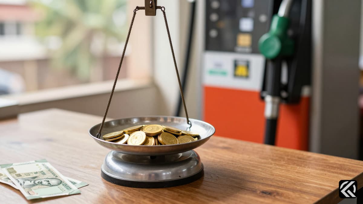 Gold coins and fuel pump nozzle symbolizing cost of living challenges.
