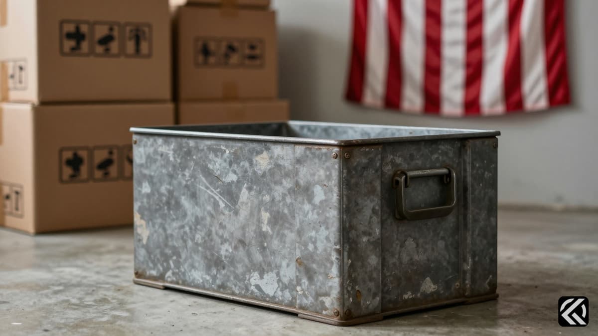 Metal ammunition crate on concrete with blurred American flag background symbolizing military stockpile concerns
