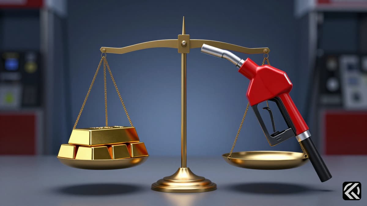 A gold bar and fuel nozzle balanced on a scale symbolizing economic costs.