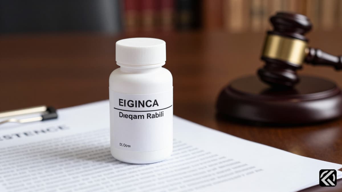 A legal gavel rests beside a white pharmaceutical bottle on a wooden desk in a formal setting.