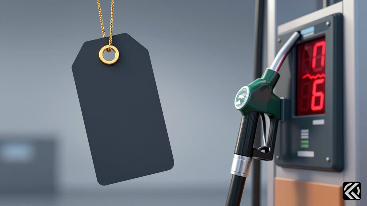 Symbolic image of rising fuel costs and gold prices with a price tag on jewelry and a fuel pump display