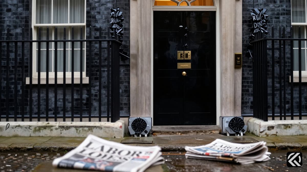Downing Street exterior under stormy clouds with newspapers on the ground symbolizing political defeat.