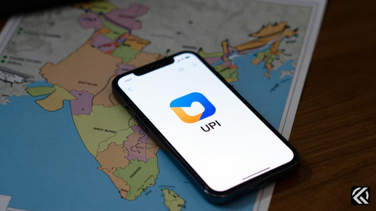 Phone showing UPI payment icon next to map of India for investigation context