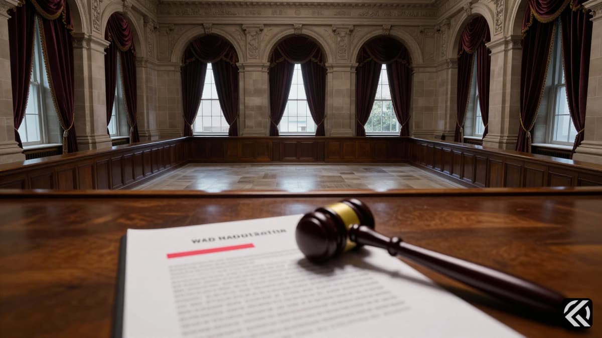 Empty grand ballroom with a gavel and document symbolizing legislative debate on security funding.