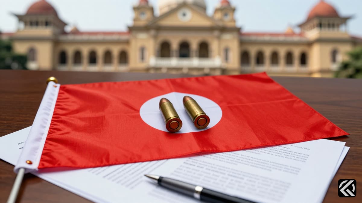 Red AIADMK party flag with two bullets resting on documents near a government building, symbolizing political factionalism.