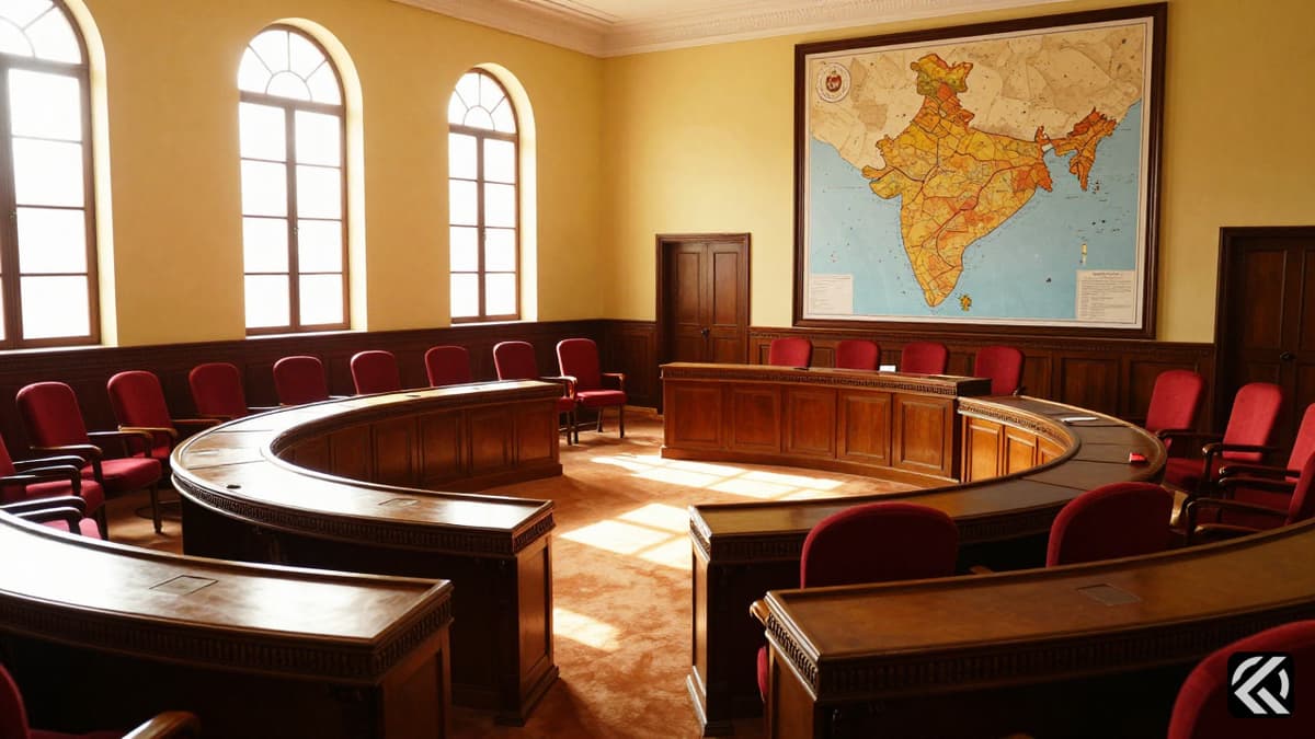 Empty legislative seats in a formal chamber with a map of Tamil Nadu on the wall.