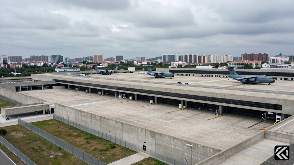 Concrete military airbase in city with parked planes behind fences