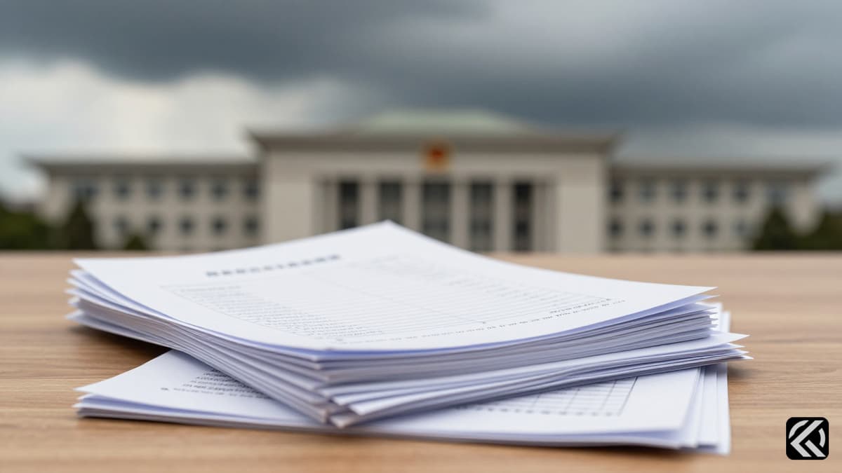 Scattered exam papers on a desk under storm clouds symbolizing NEET cancellation crisis