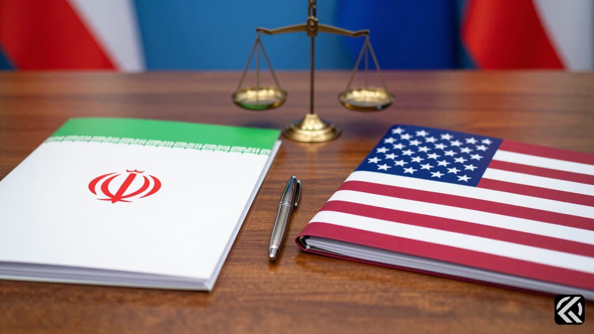 Diplomatic folders with Iranian and US symbols on a table with a scale of justice for mediation.