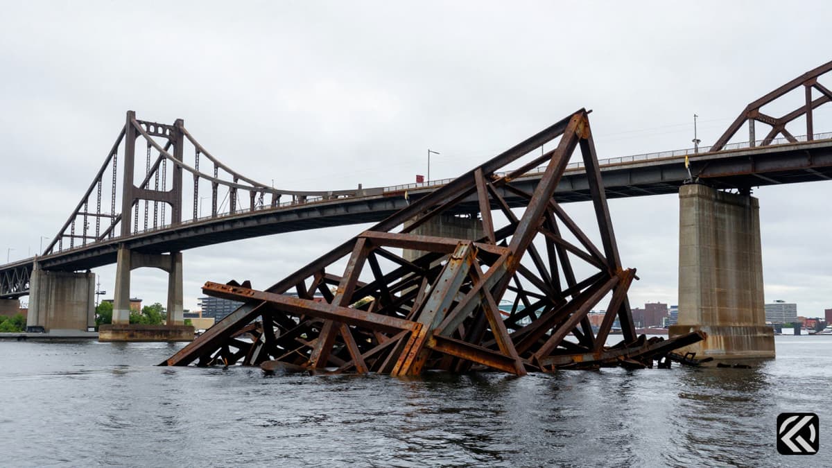 Twisted steel girders of the collapsed Francis Scott Key Bridge in Baltimore resting on the water